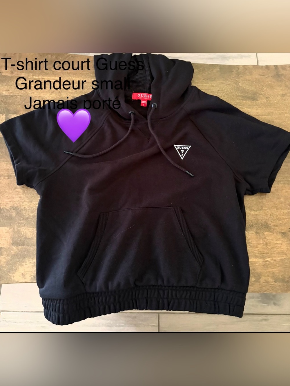 GUESS Black Short-Sleeve Hoodie with Logo Patch